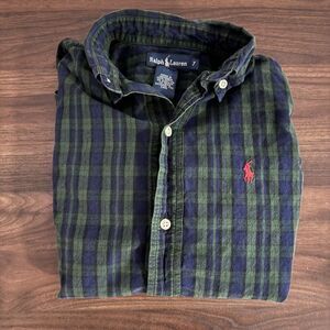 BOYS Ralph Lauren Cotton Oxford Long Sleeve Size 7 Green/Blue Plaid Button Down